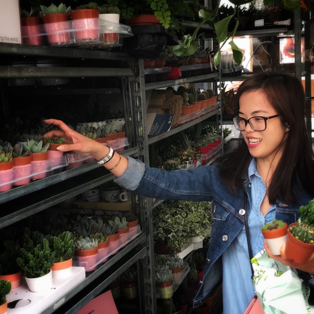 Young woman choosing succulent plants