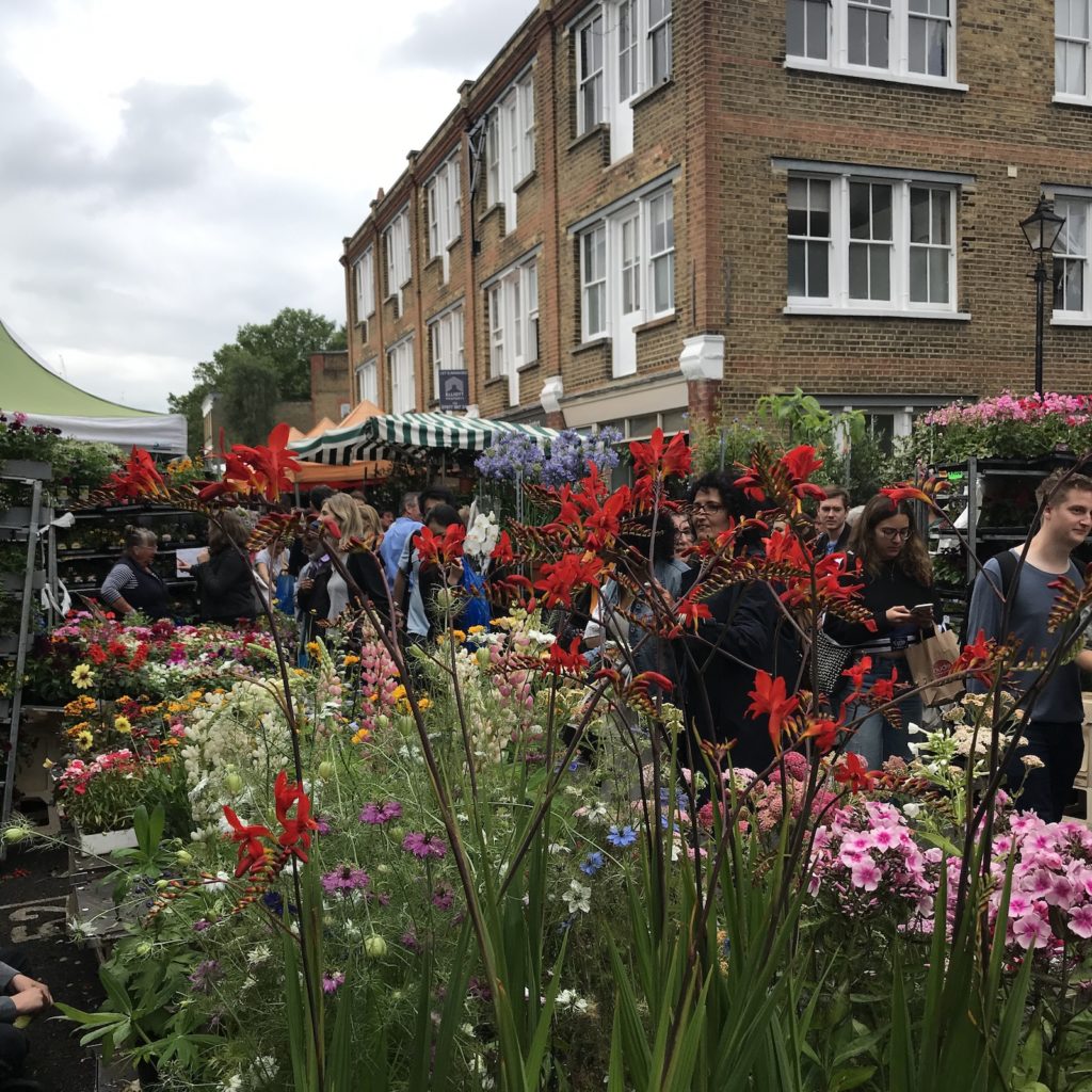 View of flower stalls in Columbia Road
